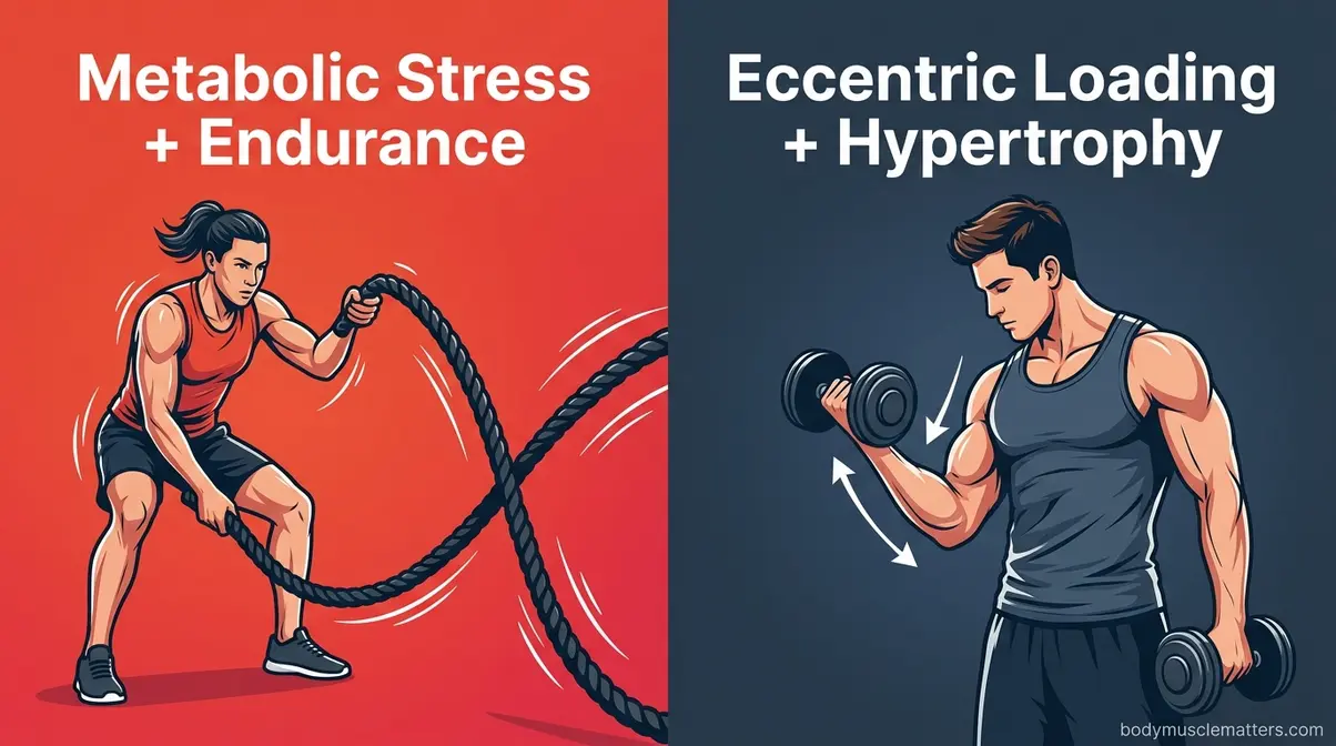 Battle ropes versus free weights comparison showing metabolic stress versus eccentric loading for muscle building