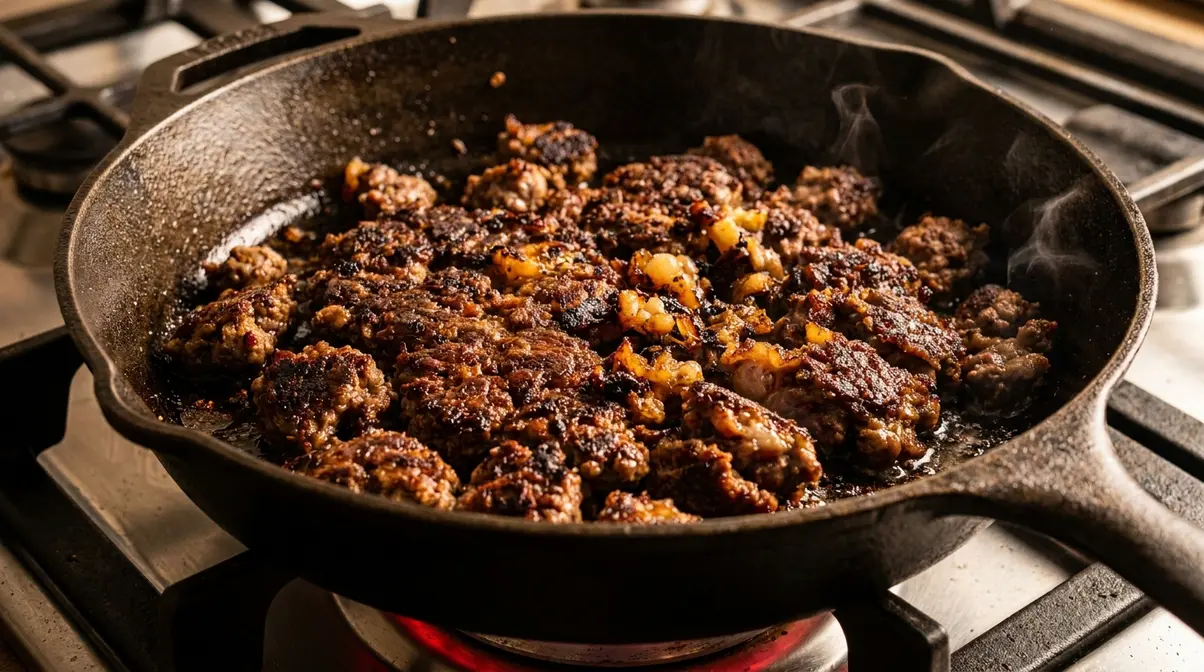 Beef Chilli Recipe: 6-Layer Method For Deep Flavour 4 Properly browned ground chuck beef in a heavy pan showing Maillard reaction crust for beef chilli recipe