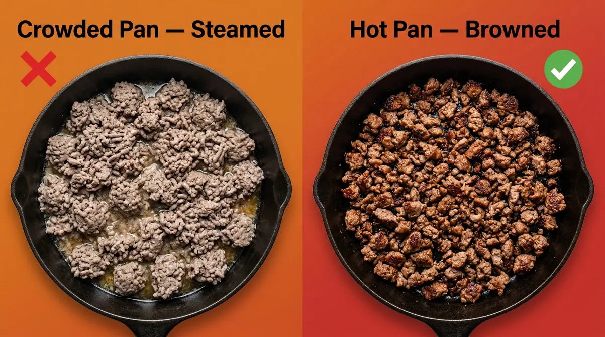 Beef Chilli Recipe: 6-Layer Method For Deep Flavour 6 Side-by-side comparison of grey steamed beef versus properly browned ground chuck for beef chilli recipe
