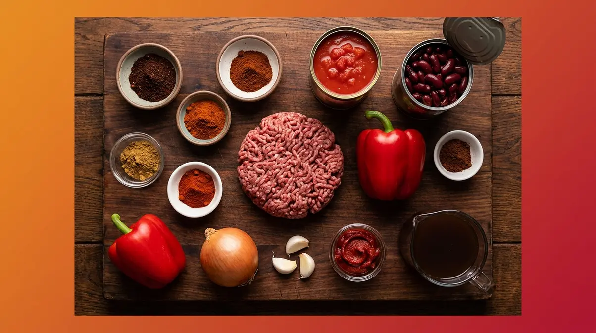 Beef Chilli Recipe: 6-Layer Method For Deep Flavour 2 All ingredients for beef chilli recipe laid out flat including ground chuck, spices, kidney beans and tomatoes