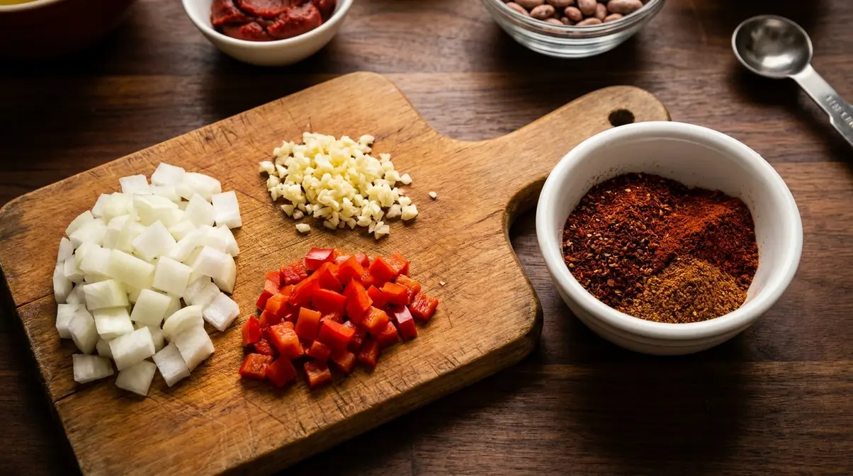 Beef Chilli Recipe: 6-Layer Method For Deep Flavour 3 Diced onion, minced garlic, red pepper and pre-mixed spice blend ready for beef chilli recipe