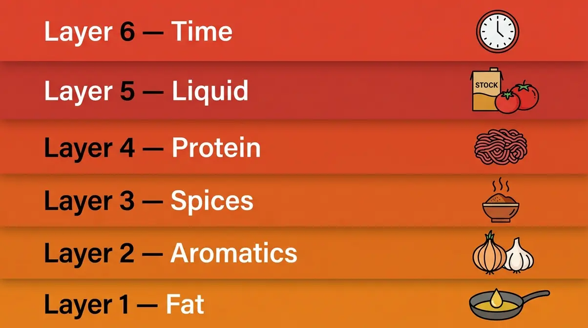 Beef Chilli Recipe: 6-Layer Method For Deep Flavour 5 Flavor Stack Method diagram showing six layers for building deep flavour in beef chilli recipe