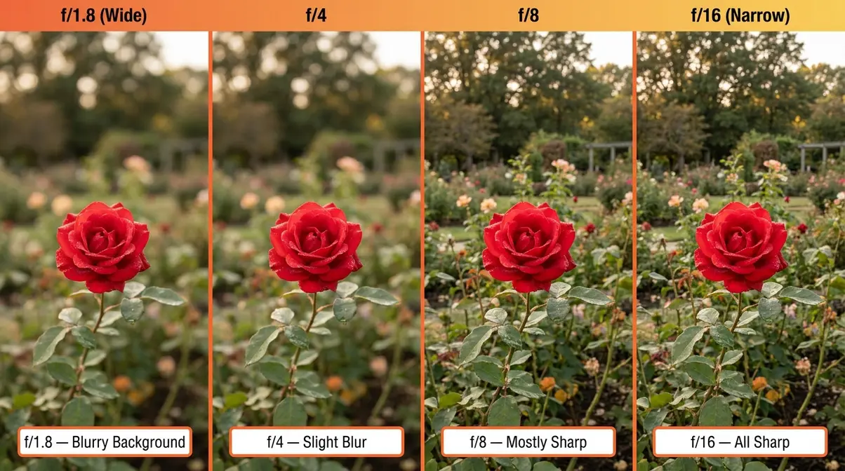 Aperture f-stop comparison showing depth of field from f1.8 blurry background to f16 sharp background