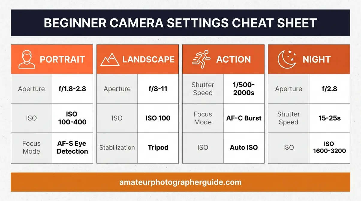Downloadable beginner camera settings cheat sheet showing portrait landscape action night photography values