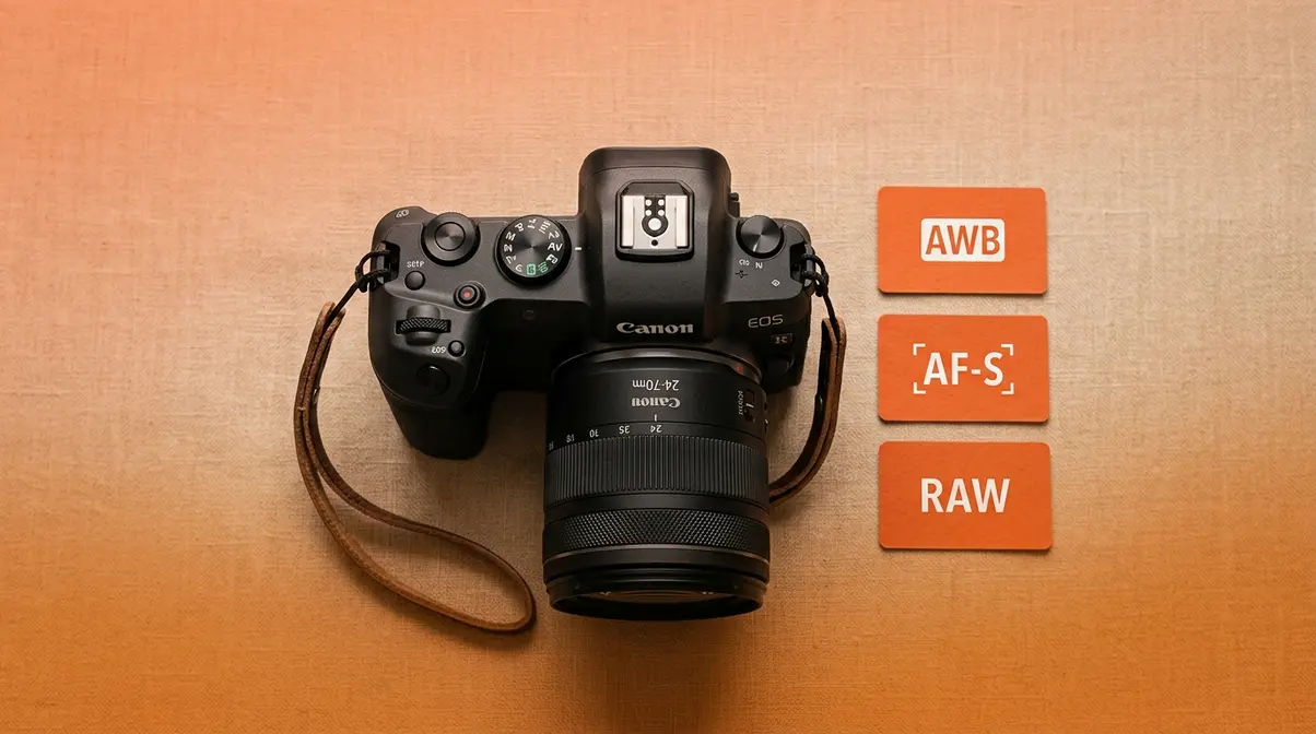 Camera flat-lay showing Aperture Priority mode dial with AWB autofocus and RAW setting cards for beginners