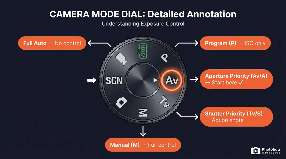 Camera mode dial diagram showing Auto Aperture Priority Shutter Priority Manual Program modes for beginners
