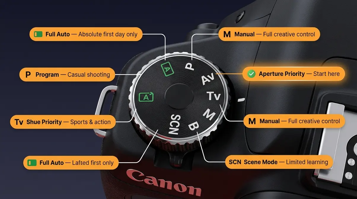 Canon camera mode dial showing Auto Av Tv P M scene modes labeled for beginners