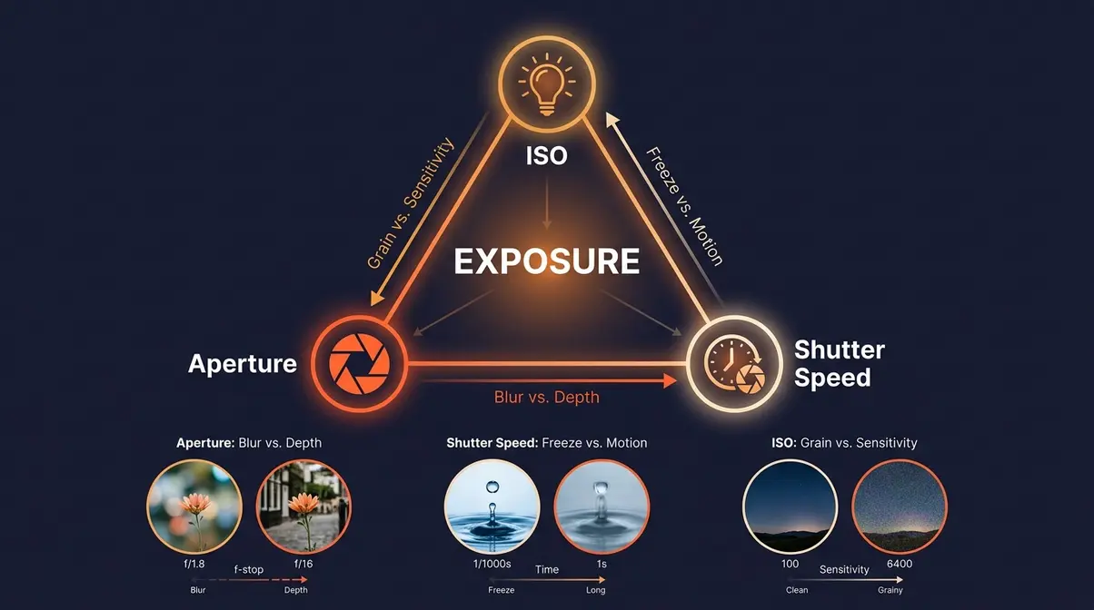 Beginner camera settings exposure triangle diagram showing aperture shutter speed and ISO relationship