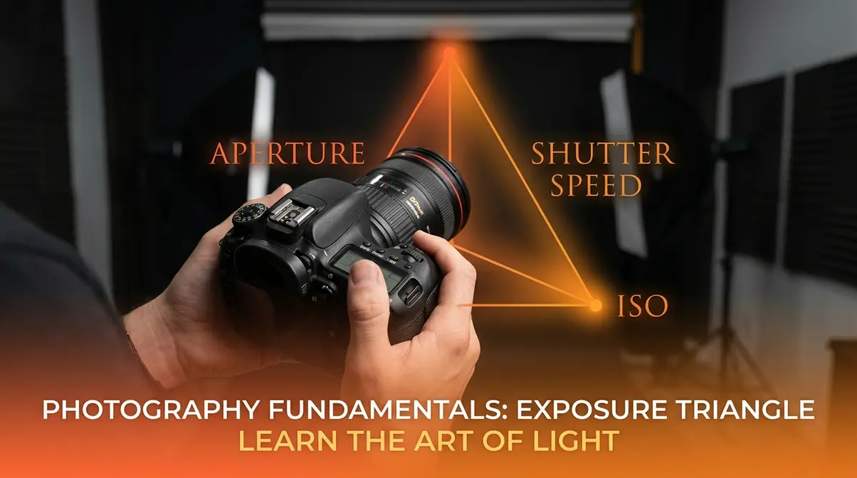 Photographer holding camera with exposure triangle light diagram illustrating aperture shutter speed ISO framework