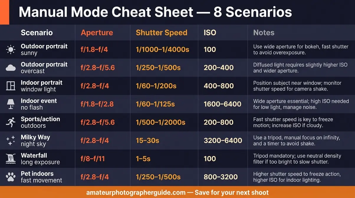Manual mode camera settings cheat sheet showing eight real-world scenarios with aperture shutter speed ISO values