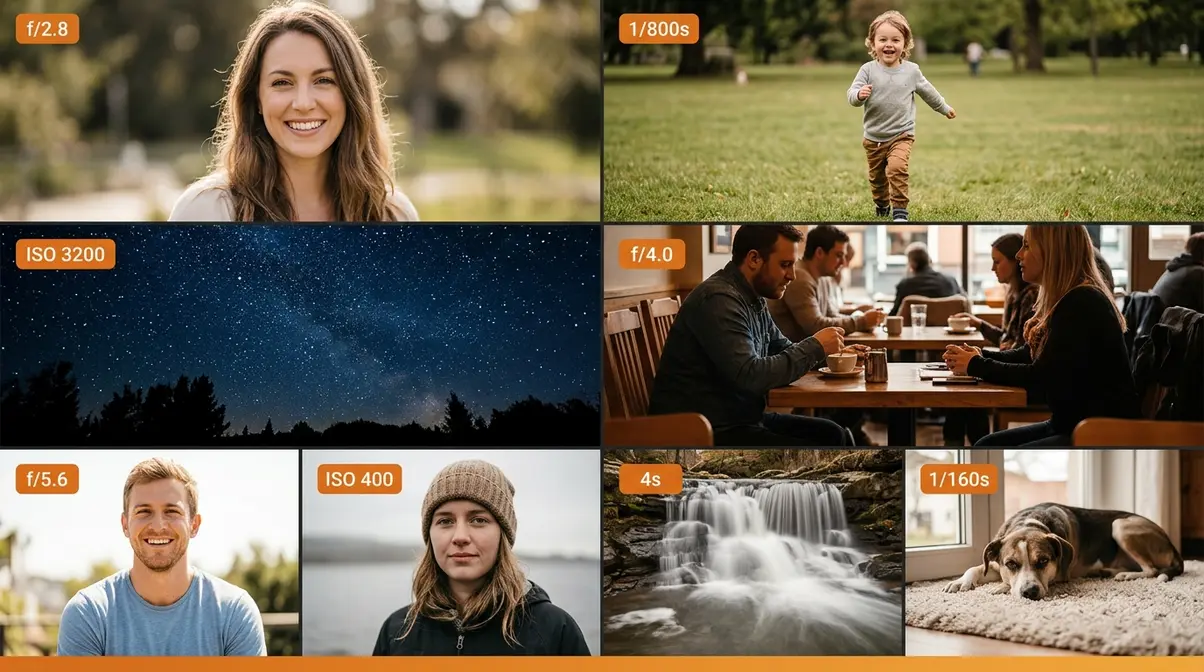 Eight photography scenario collage showing beginner camera settings for portraits action night and indoor scenes