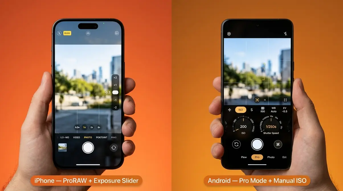 Smartphone camera settings comparison showing iPhone ProRAW and Android Pro Mode manual controls side by side