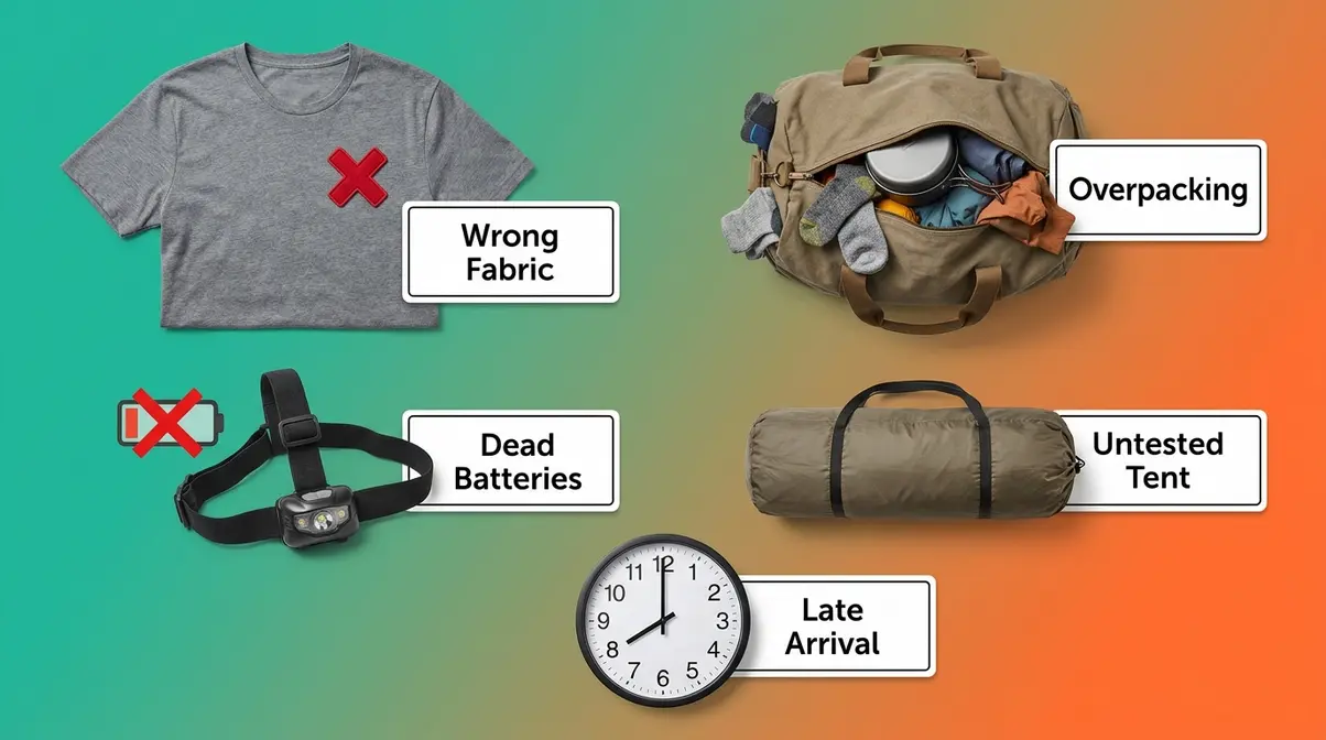 Five common beginner camping mistakes shown as flat-lay items with warning labels