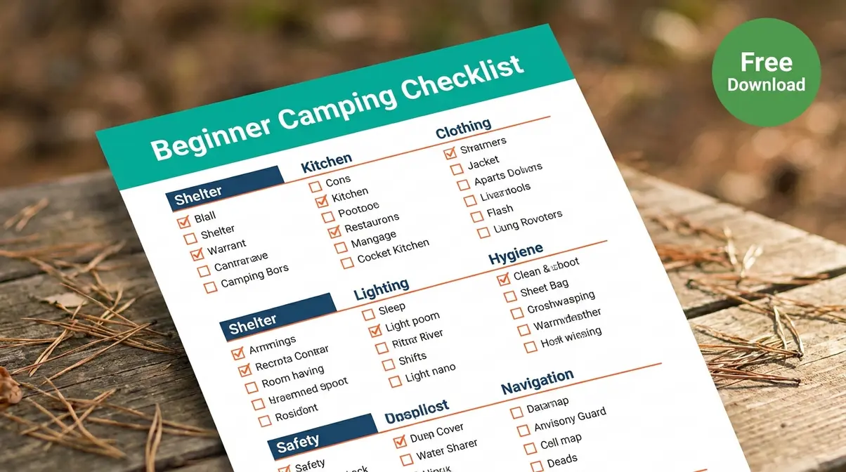 Printable beginner camping checklist PDF mockup showing all 7 gear categories with checkboxes for first-time campers
