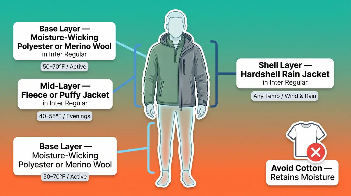 Camping clothing layering system for beginners showing three layers with temperature ranges