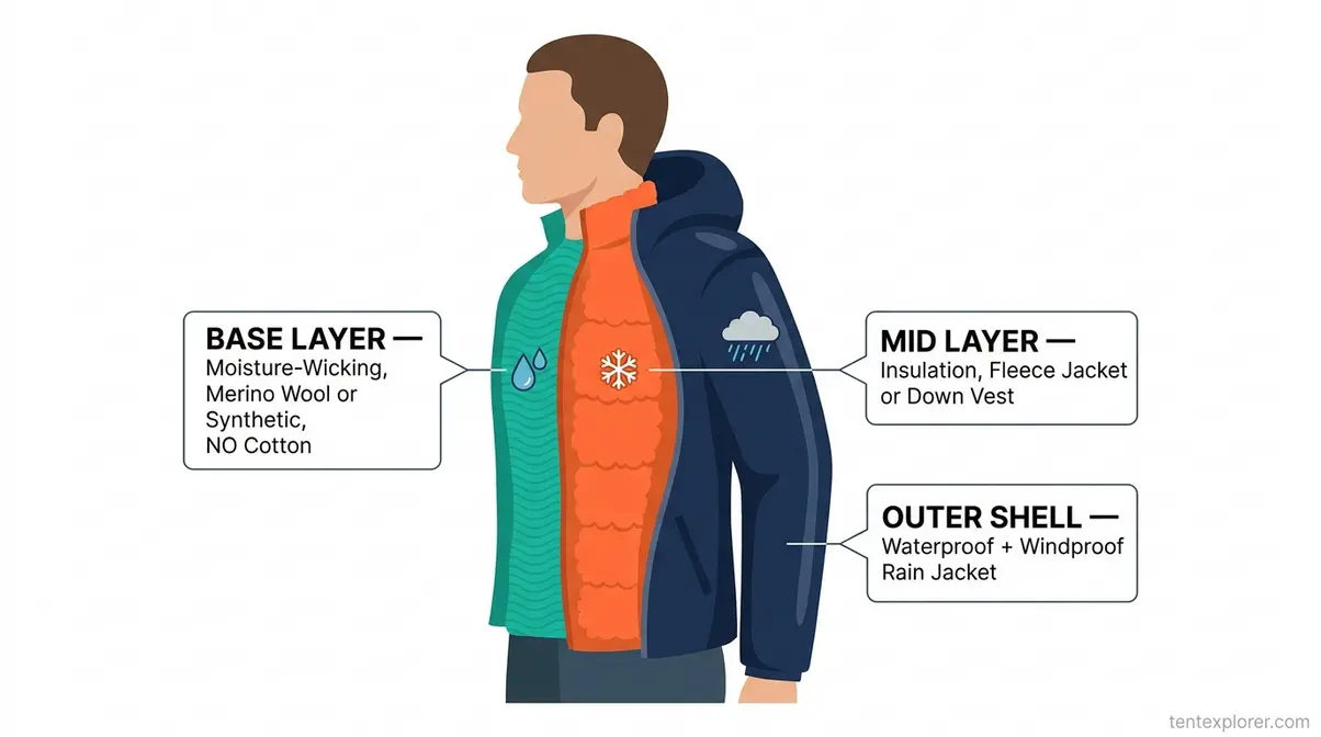 Camping clothing layering system diagram showing base mid and outer layer for beginner campers