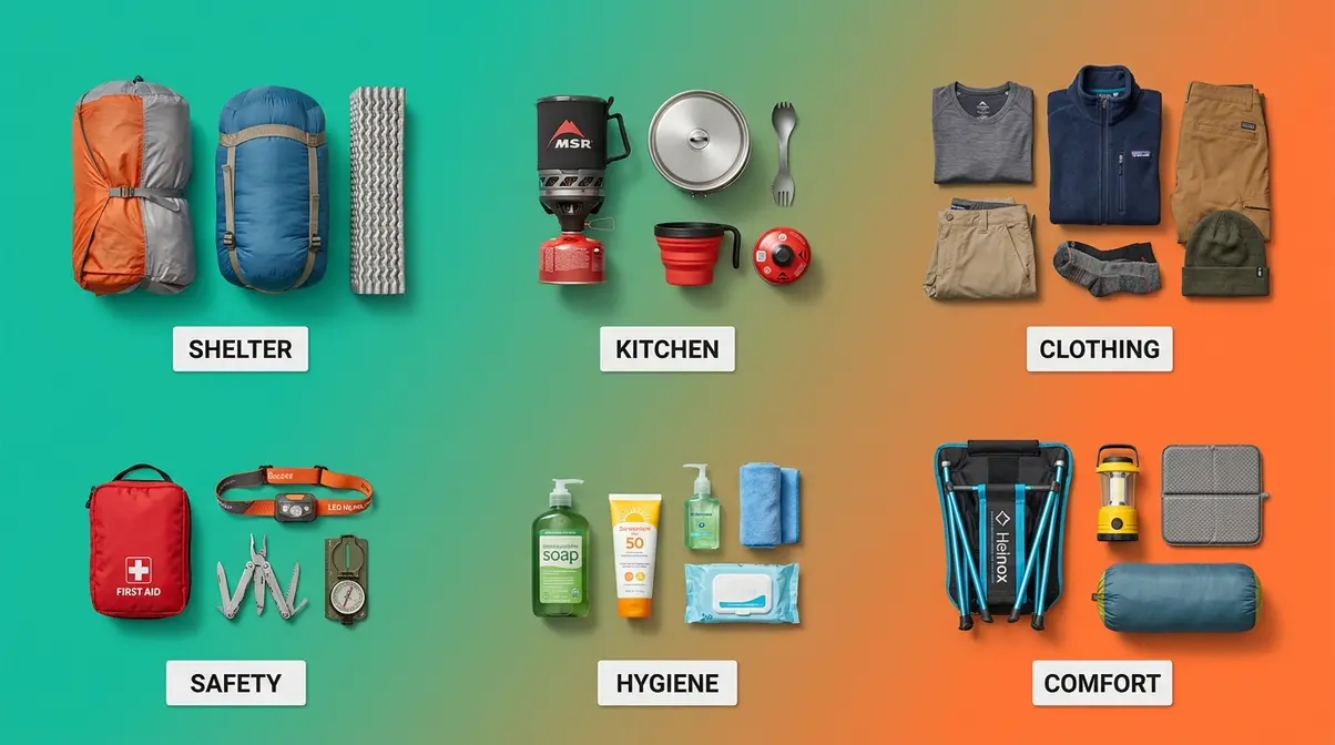 Six camping gear categories laid out flat as a beginner camping checklist master overview