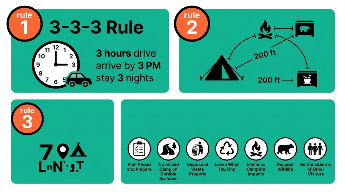 Illustrated guide to beginner camping rules showing the 3-3-3 rule, 200-foot rule, and Leave No Trace principles