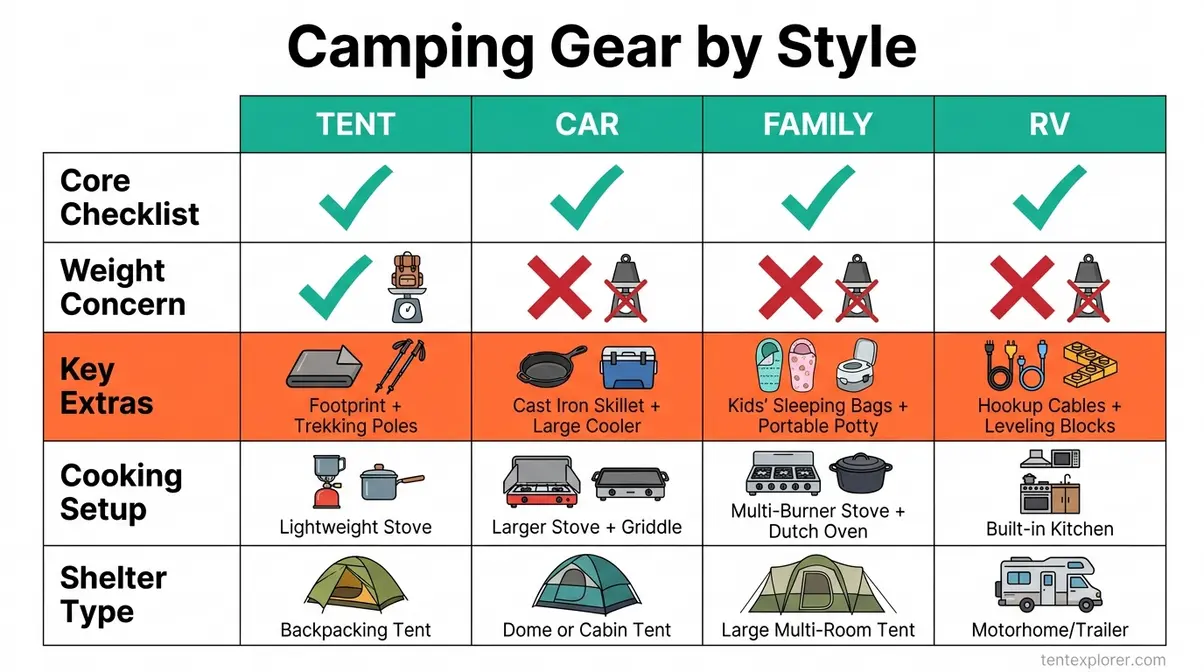 Tent car family and RV camping checklist comparison chart showing extra gear needed for each camping style