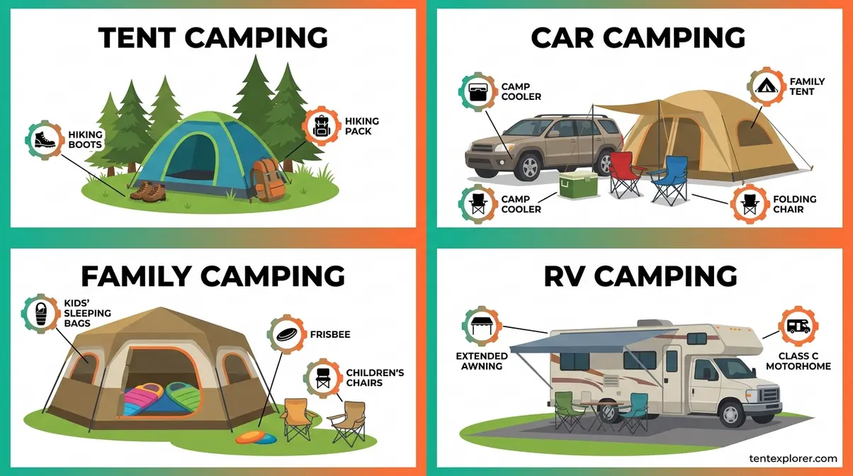 Four camping styles comparison showing tent car family and RV camping gear differences for beginners