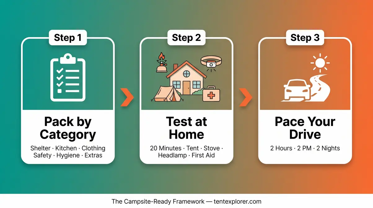 Beginner camping checklist campsite-ready framework three-step infographic for trip planning