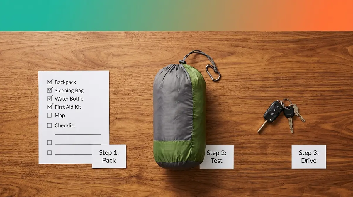 Campsite-ready framework items showing checklist, tent, and car keys for beginner camping preparation