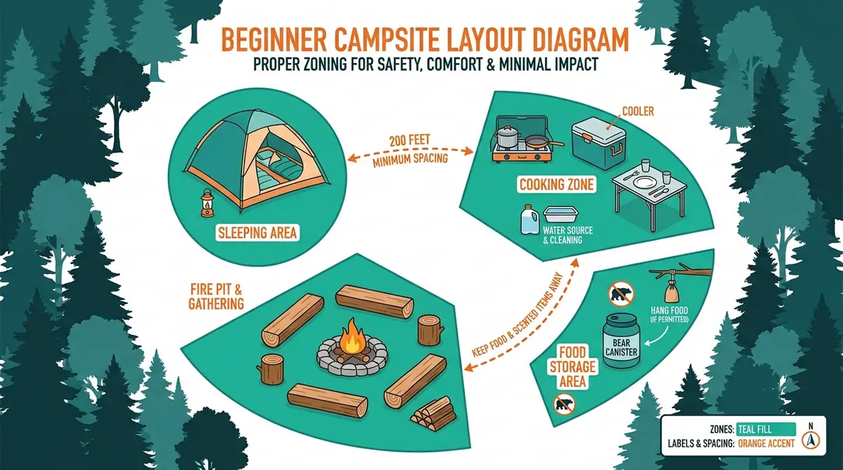 Labeled campsite layout diagram showing tent, cooking zone, fire pit, and 200-foot spacing rule for beginner campers
