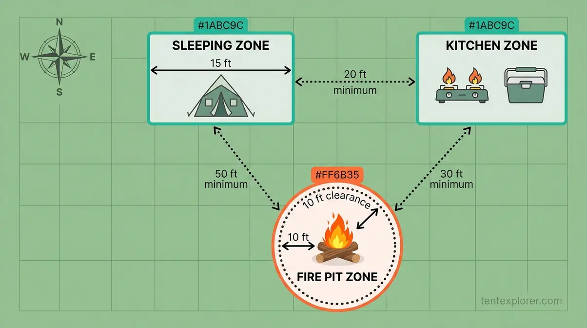 Beginner camping checklist campsite layout diagram showing tent 15 feet from fire pit and kitchen zone