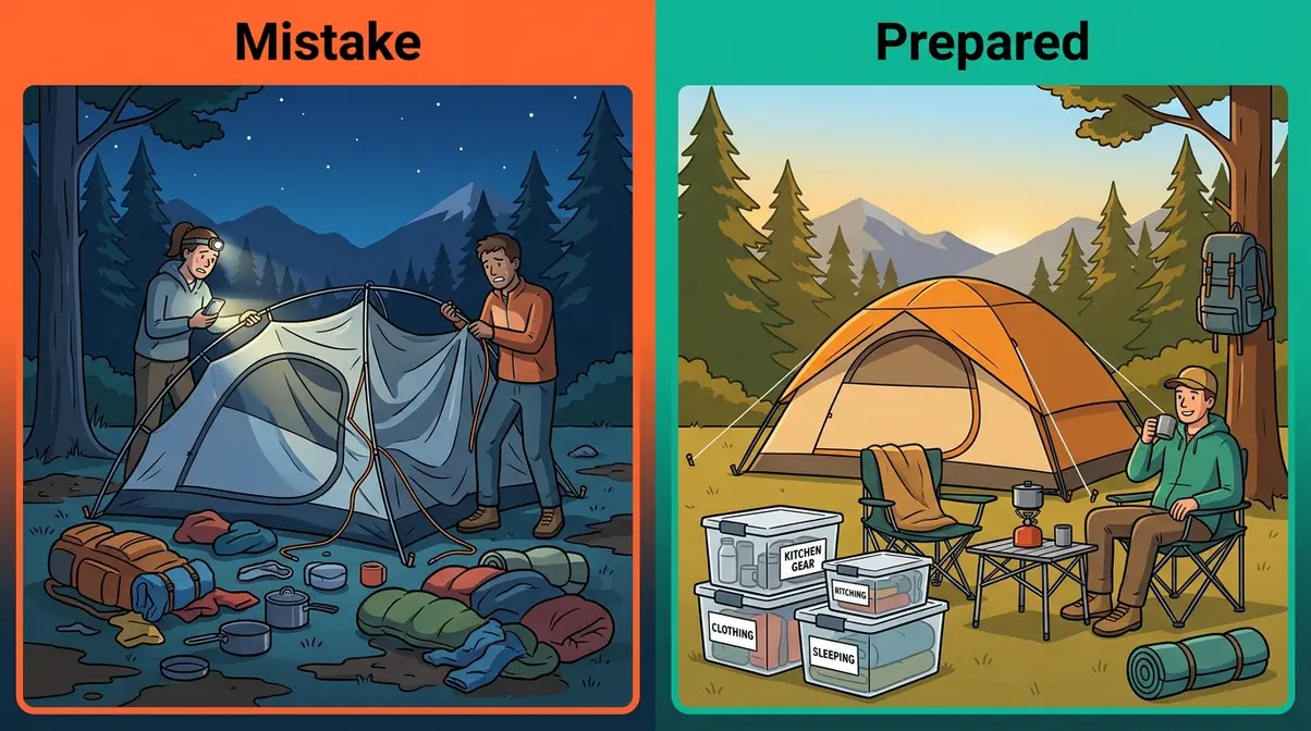 Before and after illustration showing common beginner camping mistakes versus a well-prepared campsite setup