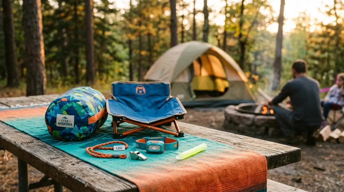 Family camping gear for kids including child sleeping bag, headlamp, whistle, and camp chair