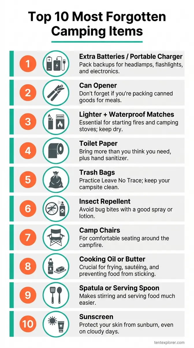 Top 10 most forgotten beginner camping items infographic including batteries can opener lighter toilet paper and insect repellent