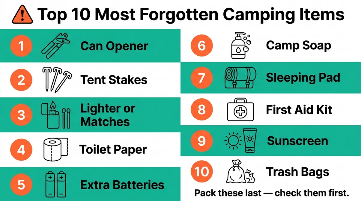 Infographic listing the top 10 most forgotten items on a beginner camping checklist including can opener, tent stakes, and extra batteries