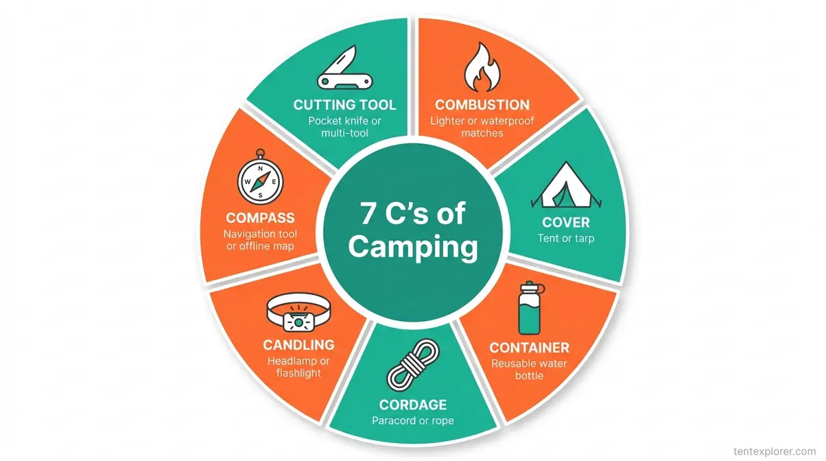 7 Cs of camping illustrated guide showing cutting tool combustion cover container cordage candling and compass for beginners