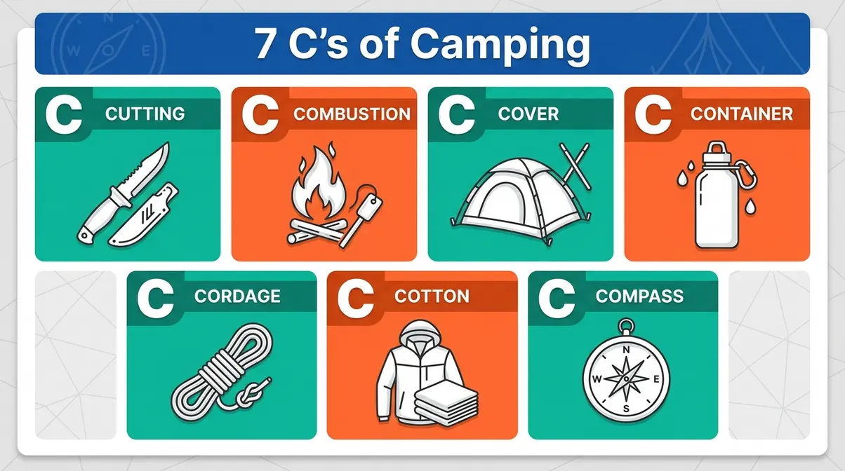Infographic showing the 7 C's of camping framework with icons for cutting, combustion, cover, container, cordage, clothing, and compass