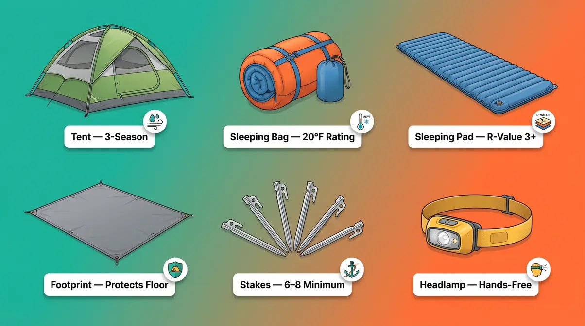 Beginner camping checklist shelter and sleep gear laid out flat with labeled callouts