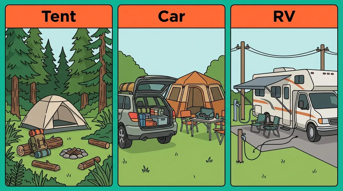 Three-panel comparison illustration of tent camping, car camping, and RV camping setup differences for beginners