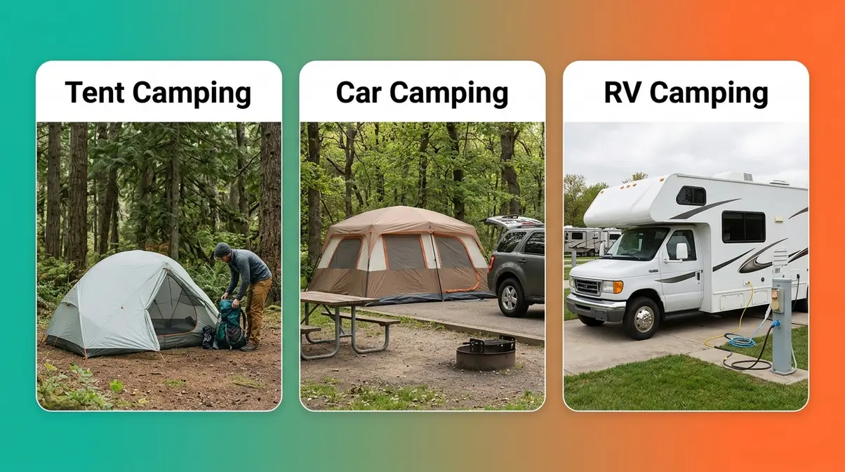 Three camping styles compared side by side — tent camping, car camping, and RV camping setups