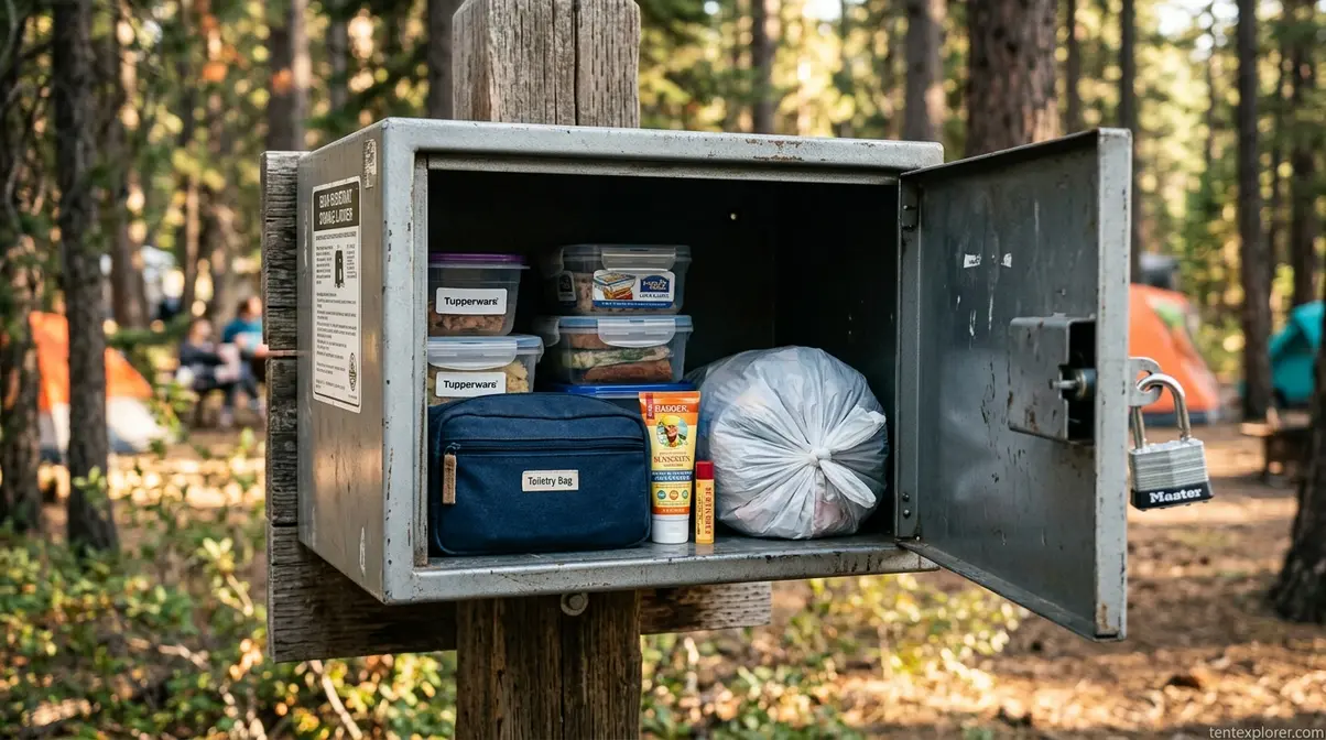 Open bear box at campsite showing correctly stored food, toiletries, sunscreen, and sealed trash following NPS guidelines