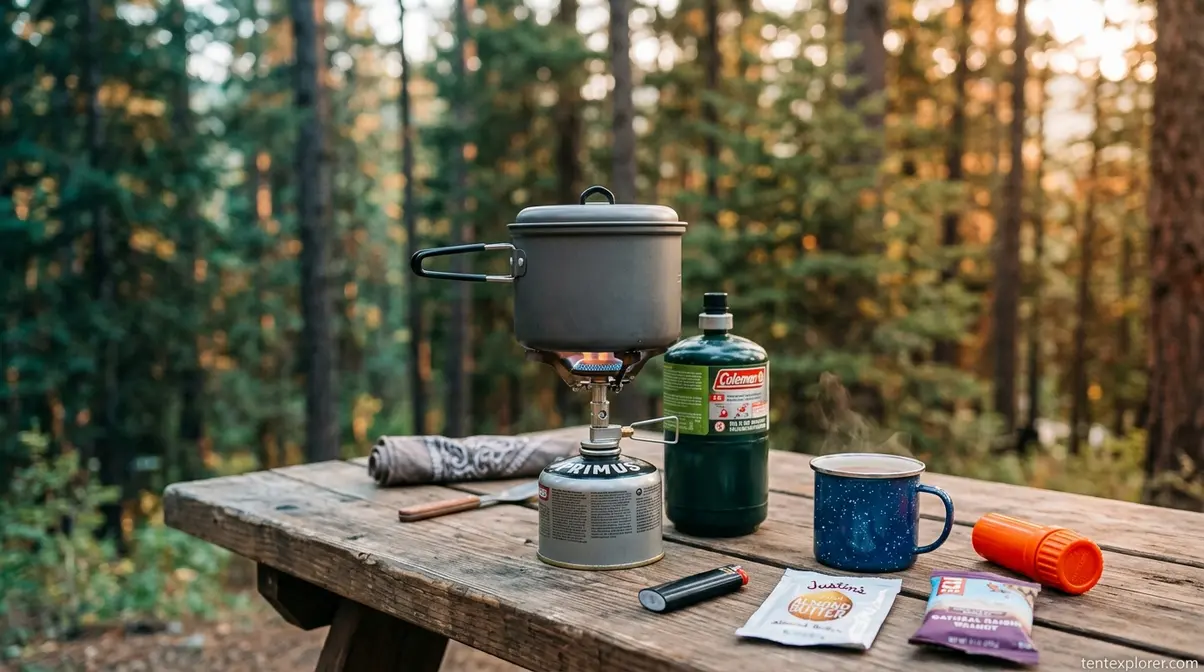 Camp stove with green propane canister and pot as backup cooking plan when campfire ban is in effect