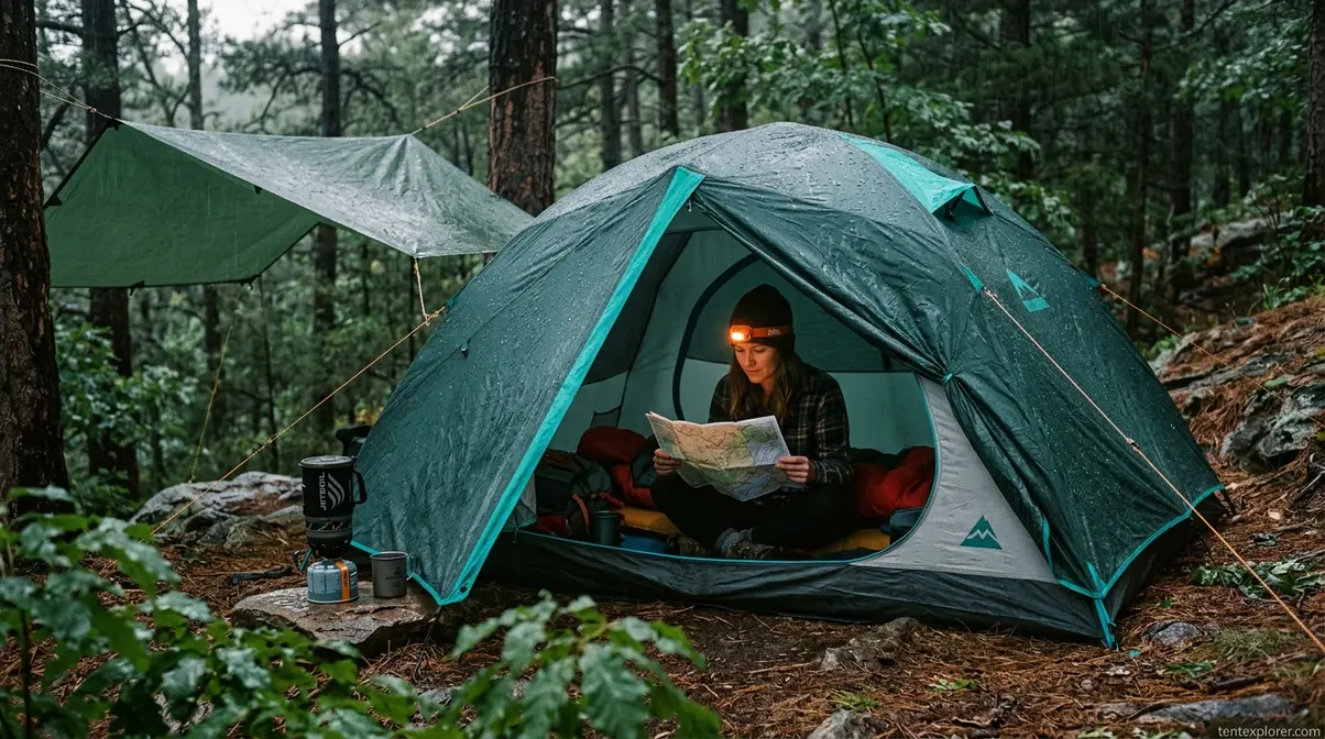 Camper inside tent during rain shower reading paper map with headlamp — prepared for weather changes despite forecast