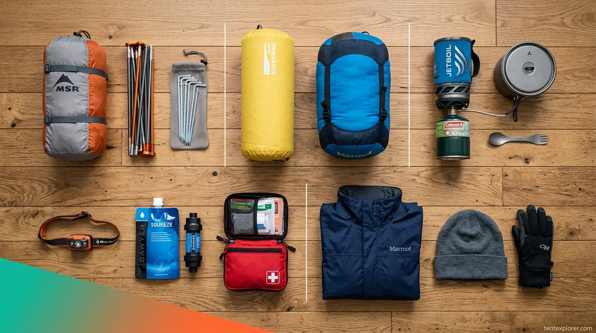 Essential camping gear flat-lay showing tent, sleeping bag, sleeping pad, stove, and first aid kit for beginners