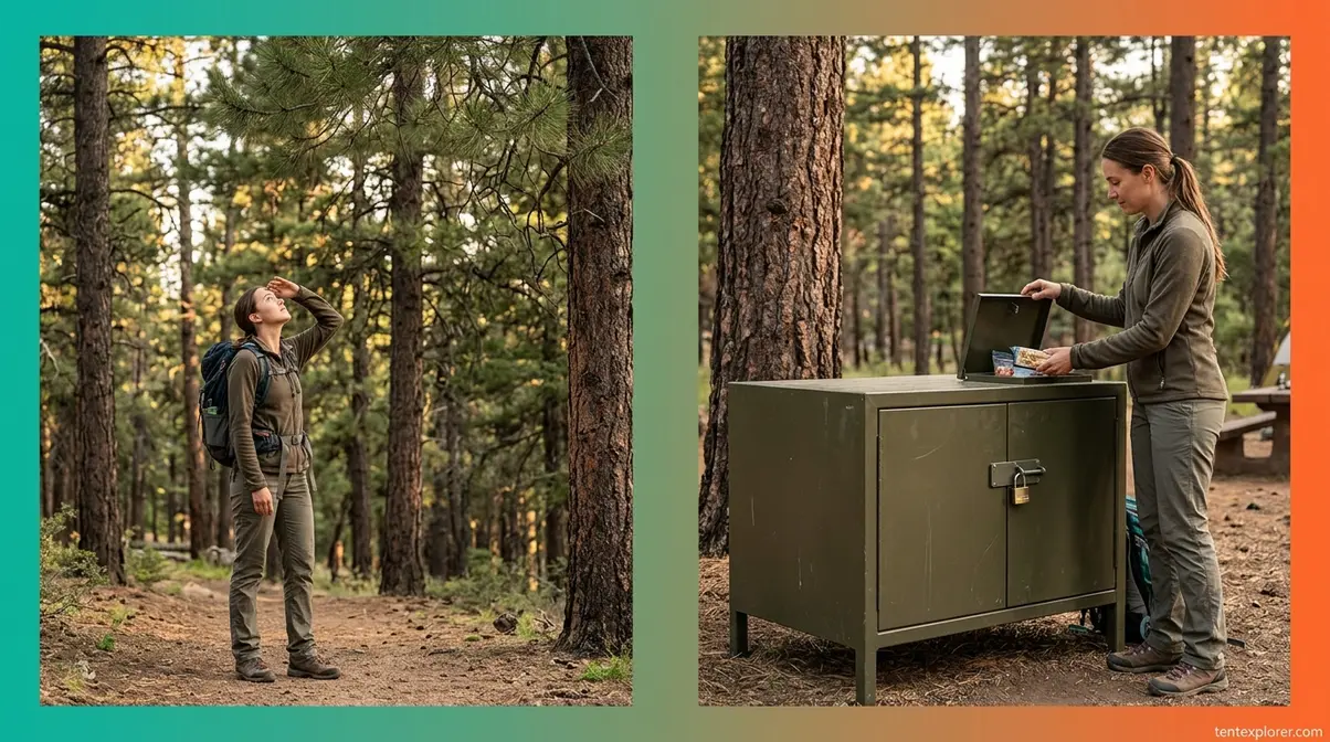 Camper scanning trees for widowmaker hazards and storing food in bear box — two essential beginner camping safety steps