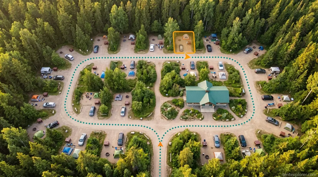 Aerial view of organized campground showing campsites, bear boxes, fire rings, and arrival route for first-time campers