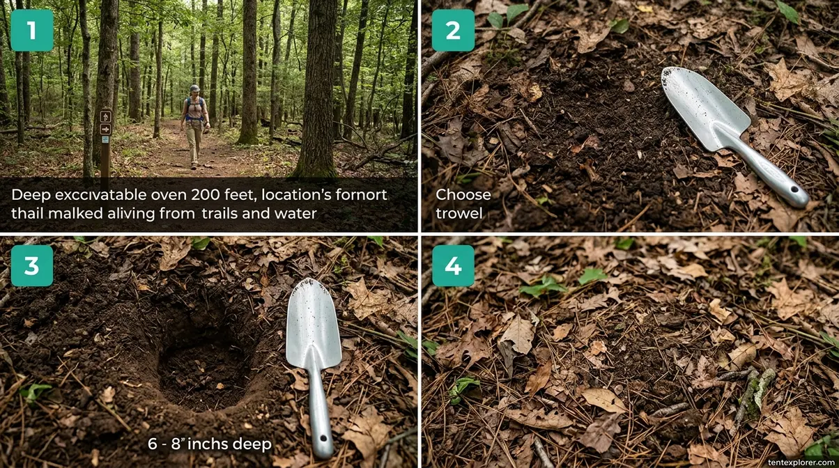 Four-step cathole digging process showing correct depth, distance from trail, and natural covering technique
