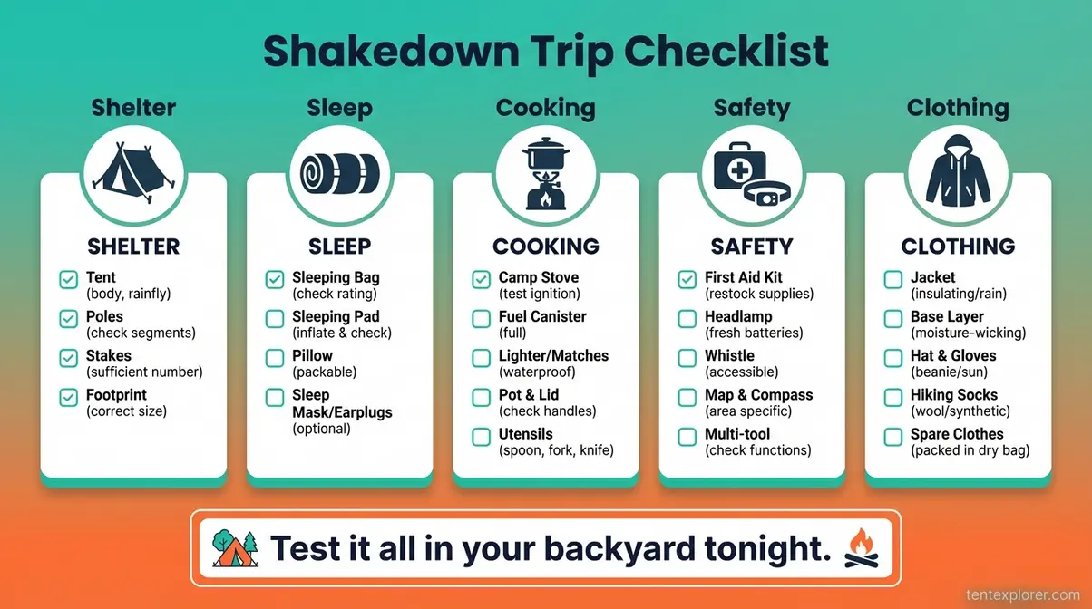 Beginner camping mistakes shakedown checklist — gear items to test at home before your first trip
