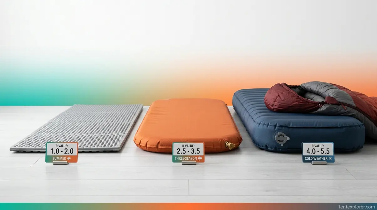 Three sleeping pads showing different R-value ratings for summer, three-season, and cold-weather camping