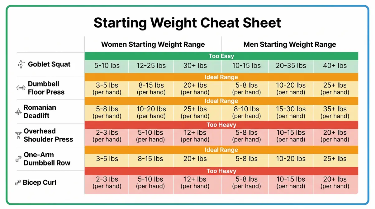 Beginner dumbbell workout starting weight guide by exercise for men and women