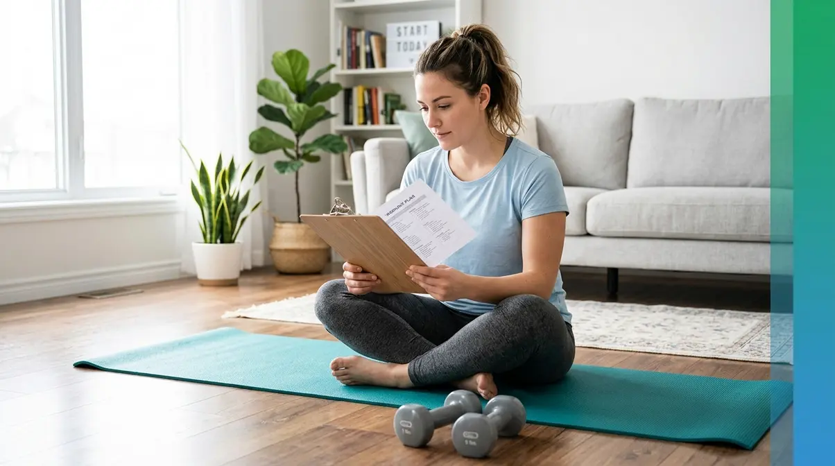 Beginner reviewing dumbbell workout foundational principles at home before first session