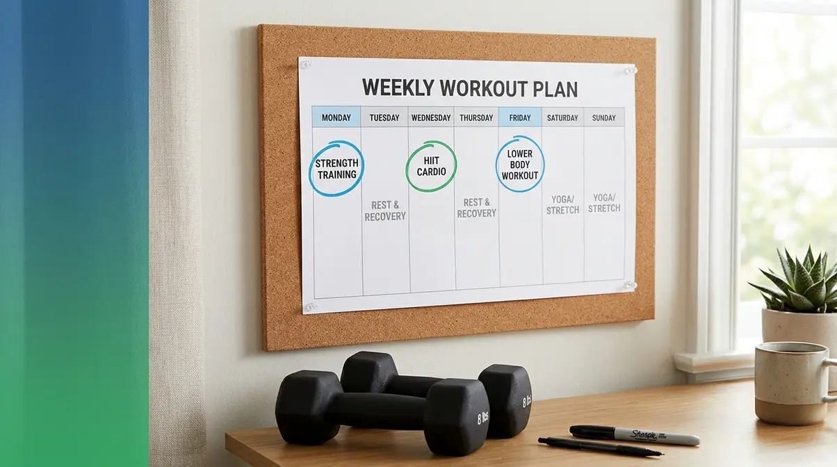 Three-day beginner dumbbell workout weekly schedule plan displayed on home calendar