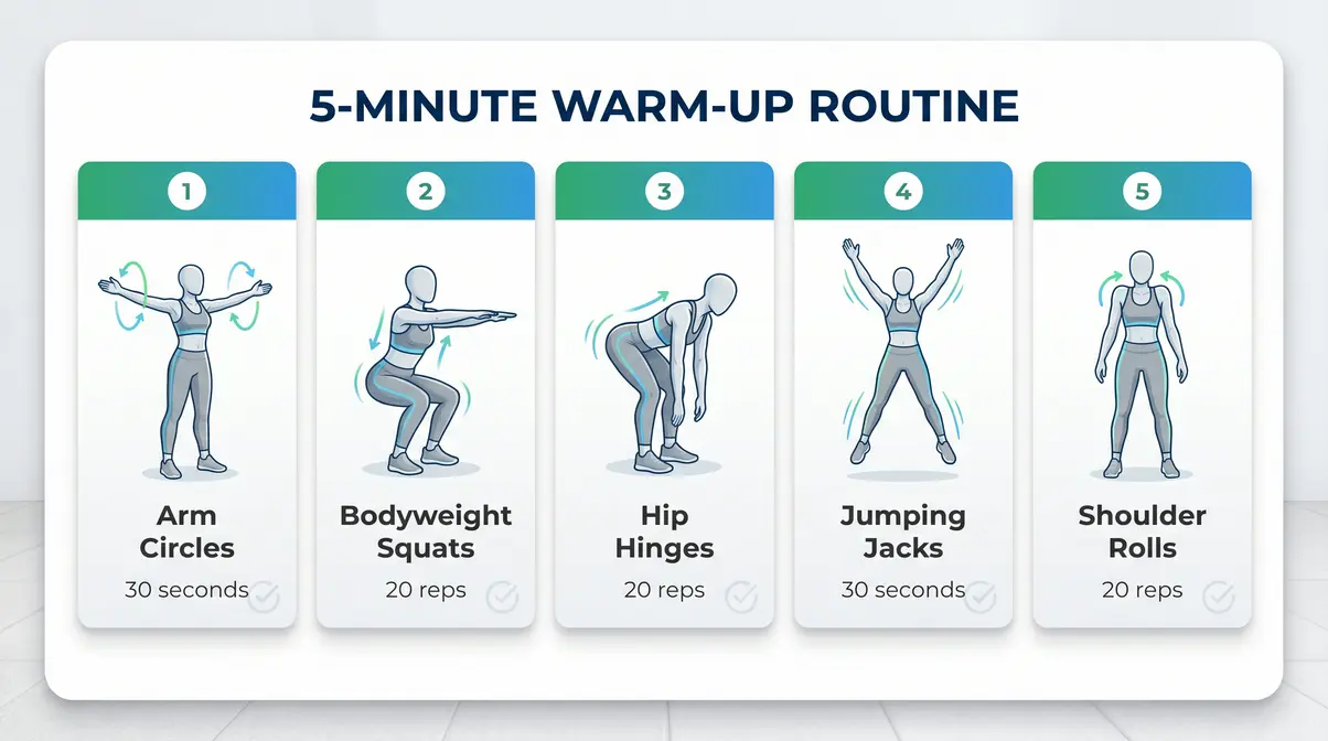 Five-minute warm-up routine illustrated card for beginner dumbbell workout at home